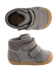 Pair of grey high-top baby booties with a grey knit ankle collar, two wide  hook-and-loop straps and crepe coloured outsole.