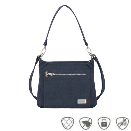 Navy blue hobo bag with a locking strap, anti-theft feature icons and front locking zipper compartment.
