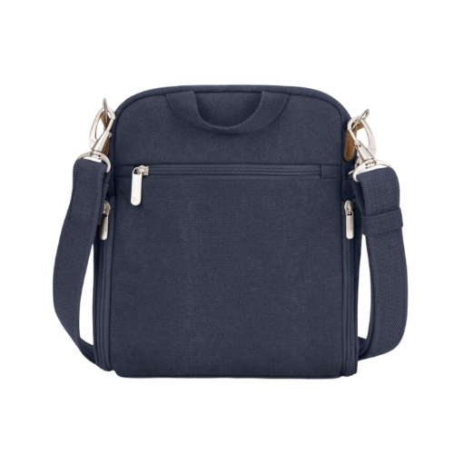 Navy blue crossbody bag with silver zippers back zippered pocket and small top handle. 