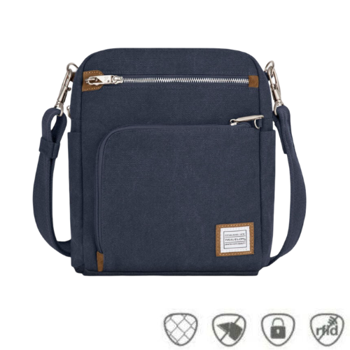 Navy blue canvas crossbody locking strap bag with two locking front zipper pockets, Travelon logo in corner, anti-theft feature icons across bottom.