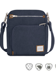 Navy blue canvas crossbody locking strap bag with two locking front zipper pockets, Travelon logo in corner, anti-theft feature icons across bottom.