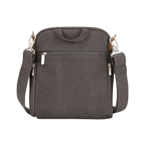 Grey crossbody bag with silver zippers back zippered pocket and small top handle. 