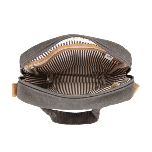 Open gray bag with striped interior and brown suede accents.