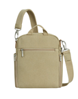 Beige crossbody bag with silver zippers back zippered pocket and small top handle. 