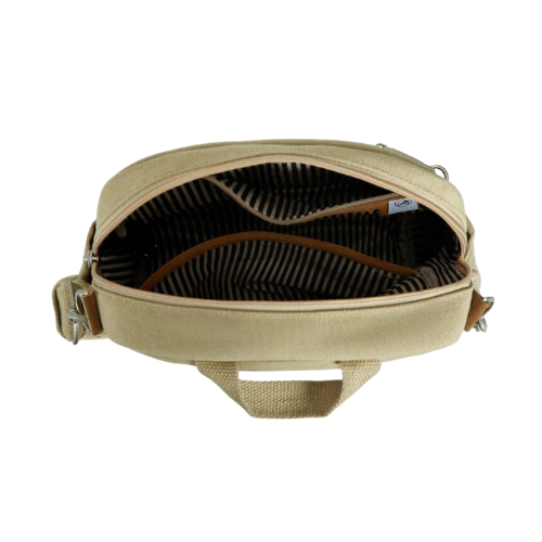 Open  beige bag with striped interior and tan suede accents.