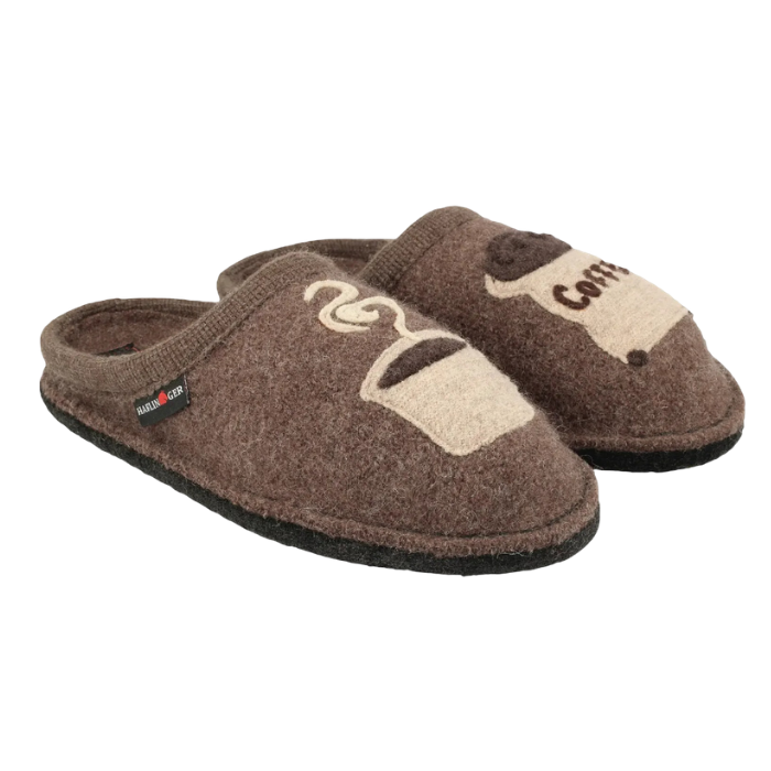 Pair of Wool slippers in brown with embroidered coffee cup on one and bag of coffee beans on other and Haflinger tag on cuff