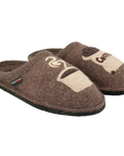 Pair of Wool slippers in brown with embroidered coffee cup on one and bag of coffee beans on other and Haflinger tag on cuff