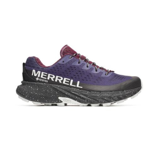 Purple sneaker with white Merrell logo on side and black with white speckles thick midsole and white Vibram outsole.