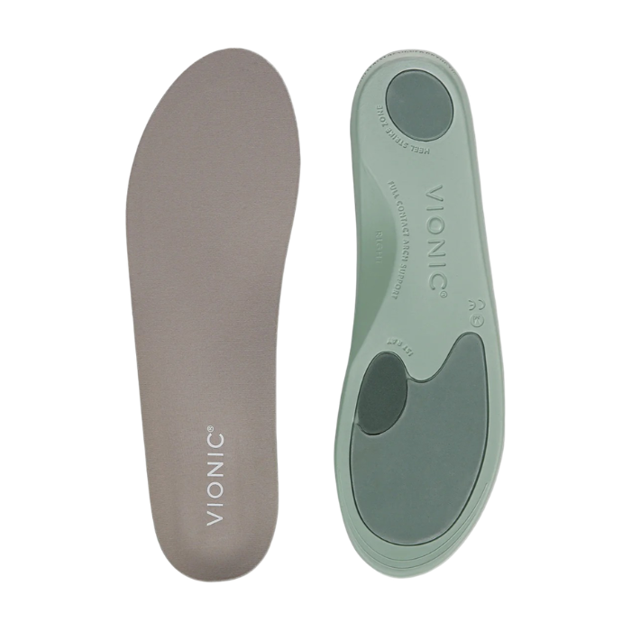Pair of Gray shoe insoles with 'Vionic' branding, teal bottom with heel and ball of foot pads.