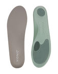 Pair of Gray shoe insoles with 'Vionic' branding, teal bottom with heel and ball of foot pads.