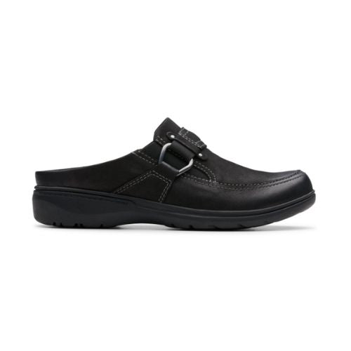 A black nubuck leather clog with a buckle strap and rubber outsole.