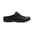 A black nubuck leather clog with a buckle strap and rubber outsole.