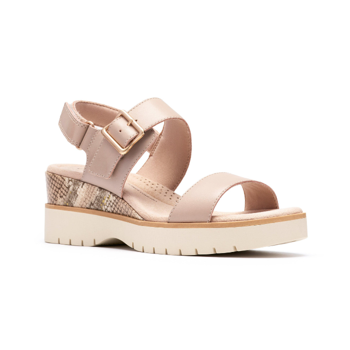 Beige platform wedge sandal with snake print accents, gold buckle detail, Velcro backstrap, tan Clarks logo'd footbed and light lugged outsole.