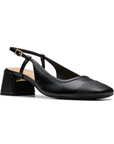 Women's Clarks Nyta45 Pump in black leather with 45mm block heel and slingback strap, perfect for work or casual wear.