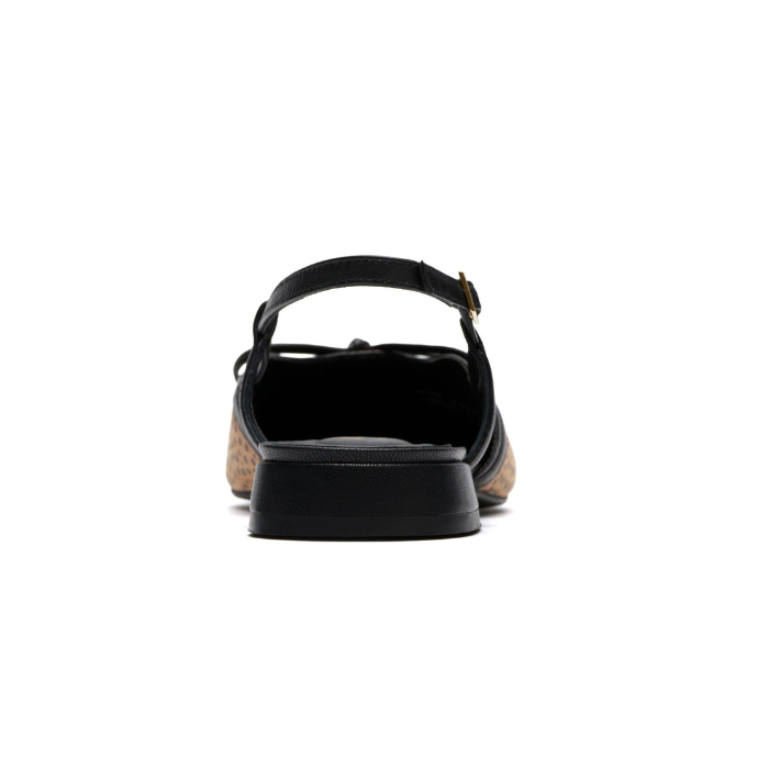 Heel of Pointed-toe slingback flat with bow detail, cheetah print upper and a low block heel.