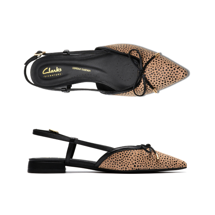 Pair of Pointed-toe slingback flats with bow detail, cheetah print upper, Clarks logo'd black footbed and a low block heel.