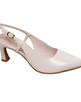 Off-White high-heeled pump with slingback design, gold buckle, tan Clarks logo'd footbed and pointed toe.