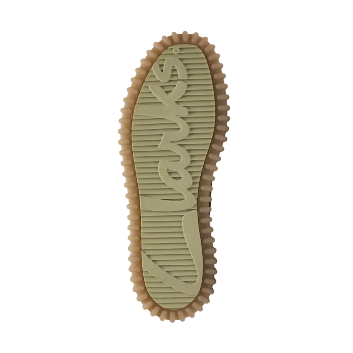 Treaded green outsole with brown border and Clarks stamped into tread.