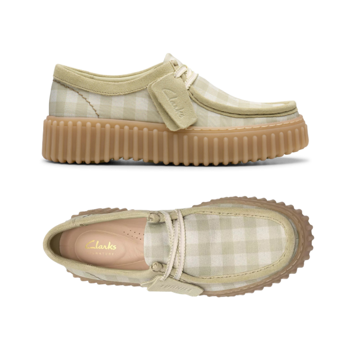 Pair of Light sage and white checkered Wallabee inspired shoe with Clarks tan logo'd footbed and a ribbed beige rubber platform outsole.