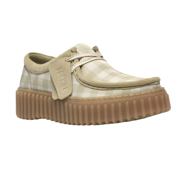 Light sage and white checkered Wallabee inspired shoe with ribbed beige rubber platform outsole.