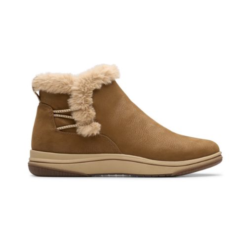 A brown ankle boot with faux fur trim and a flat beige outsole.