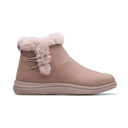 A mauve ankle boot with faux fur trim and a mauve outsole.