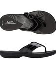 Top and side views of Clarks Breeze Reyna sandal in black, showing the cushioned EVA footbed and stylish stitching details.