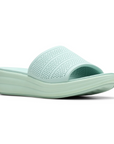 Women's Clarks Drift Twist Slide Sandals in mint green with perforated upper and EVA platform sole for all-day cushioning and support.