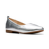 Women's Clarks Fawna Ballet Flat in metallic silver leather with low heel and sleek silhouette, ideal for casual or office wear.