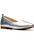 Women's Clarks Fawna Ballet Flat in metallic silver leather with low heel and sleek silhouette, ideal for casual or office wear.