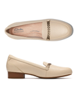 Pair of Beige loafer shoes with a gold chain detail, tan Clarks logo'd footbed and low stacked heel.