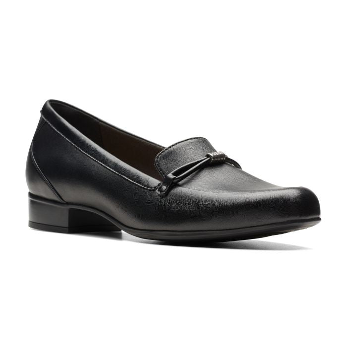 Black leather loafer with low heel and strap detailing on toe.