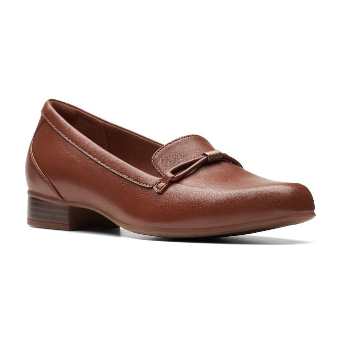 Tan leather loafer with low heel and strap detailing on toe.