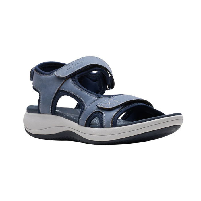 Women's Clarks Mira Bay Sport Sandal in blue with adjustable straps and cushioned footbed for all-day comfort and support.