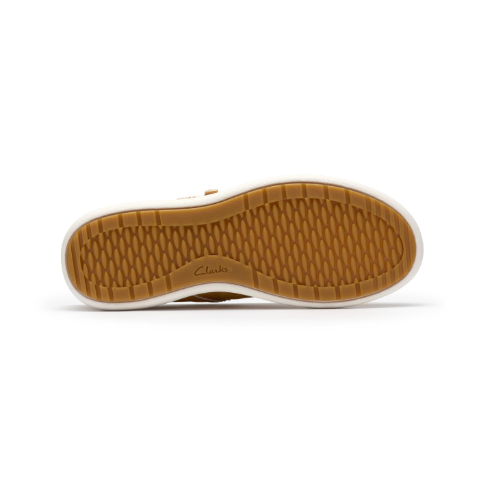 Tan light textured outsole of sneaker with Clarks logo stamped along side. 