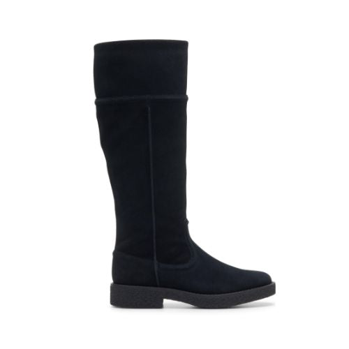 Profie of Black suede knee-high boot with black rubber outsole.