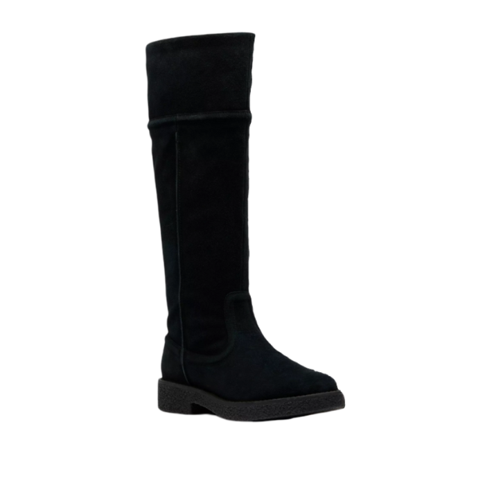 Black suede knee-high boot with black rubber outsole.