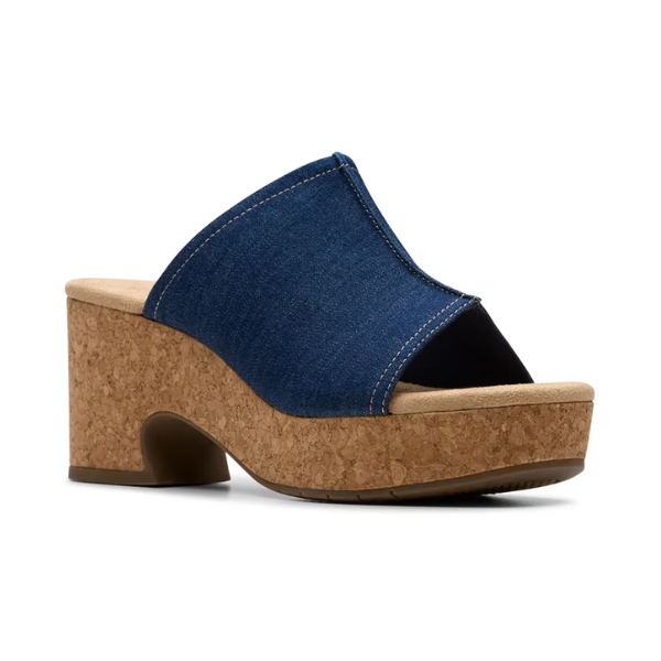 Clarks Nerisa Vine Heeled Sandal in denim blue with cork platform heel, ideal for stylish day-to-night wear.