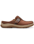 Brown slip-on shoe with a strap on a white background