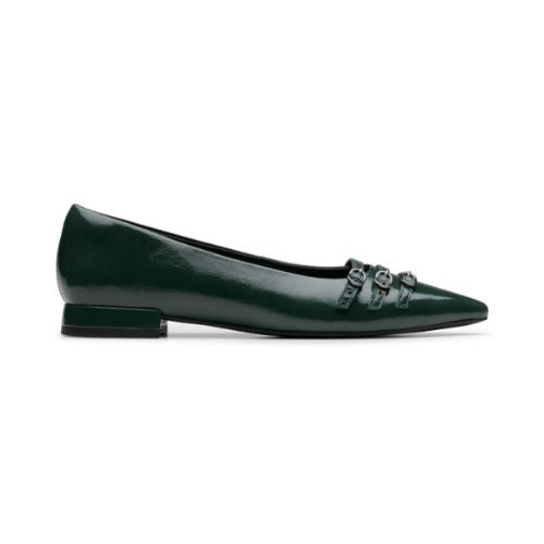 A green pointed toe flat with a decorative buckle strap and low heel.