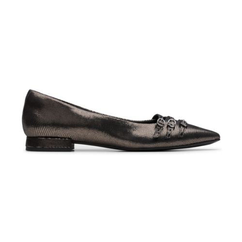 A dark shimmery metallic pointed toe flat with a decorative buckle strap and low heel