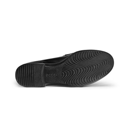 Black rubber outsole of penny loafer with wave tread pattern and Ecco logo stamped in middle.