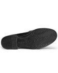 Black rubber outsole of penny loafer with wave tread pattern and Ecco logo stamped in middle.