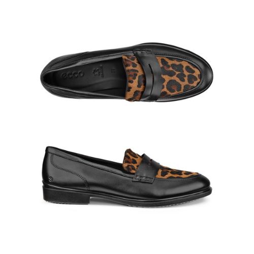 Pair of feminine black leather penny loafers with a closed toe, leopard print accent on instep, strap across the foot and black Ecco logo'd footbed.