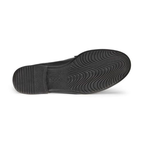 Black rubber outsole of Ecco loafer, with wave tread pattern and logo stamped in middle.