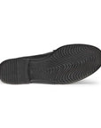 Black rubber outsole of Ecco loafer, with wave tread pattern and logo stamped in middle.