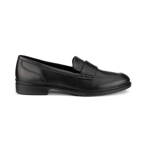 Profile of a feminine black leather penny loafer with a closed toe and strap across the foot.