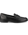 Profile of a feminine black leather penny loafer with a closed toe and strap across the foot.