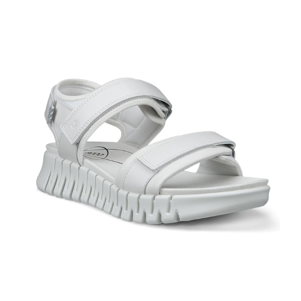 Women's Ecco Gruuv Sol Walking Sandal in white with cushioned sole and adjustable straps for all-day comfort and support.