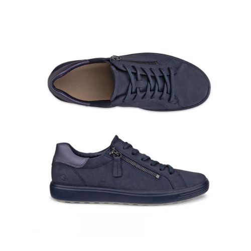 Pair of navy blue nubuck lace sneakers with a side zipper, tan Ecco logo'd footbed, blue midsole and tan outsole.